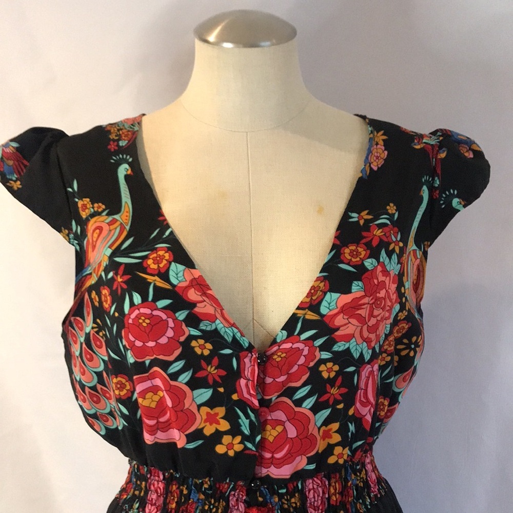 Black floral peacock colorful print short sleeves hi-low maxi dress boho gypsy M - Picture 14 of 16